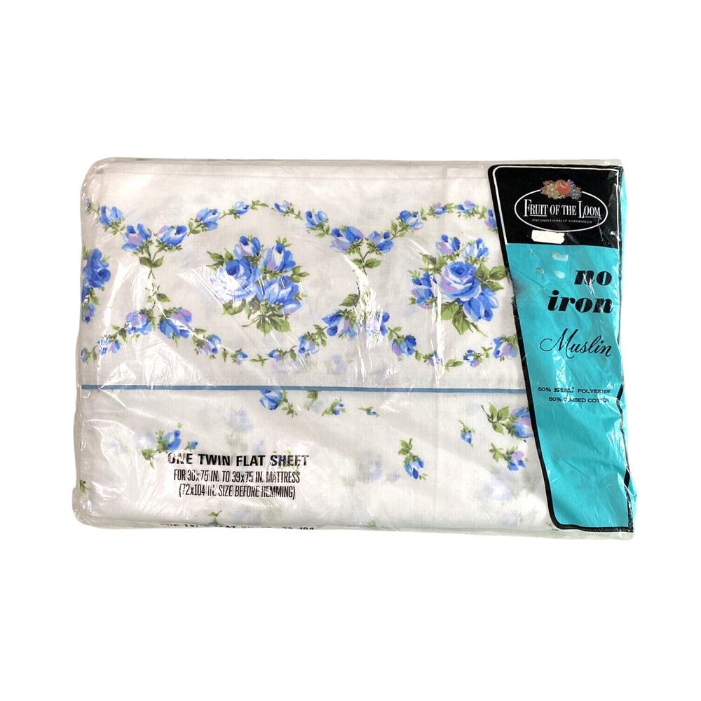 Vintage 1970s NOS  Twin Flat Sheet Fruit Of The Loom Muslin Blue Rose Flower